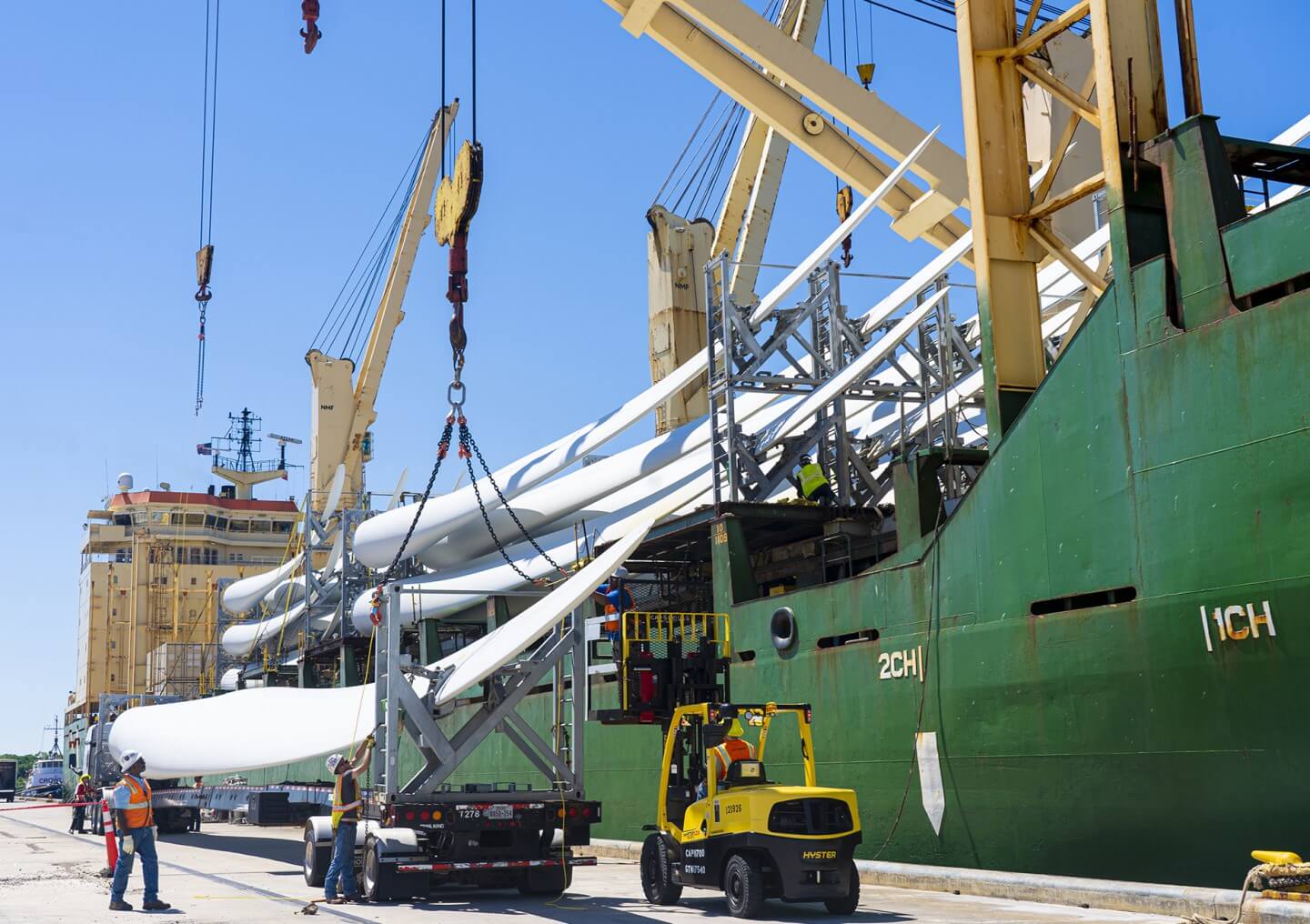 Lumber arrives at City Docks in Lake Charles, Louisiana