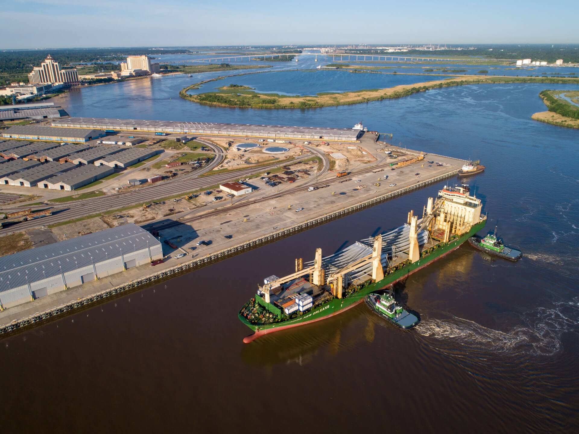 Cargo ship on Calcasieu Ship Channel in Louisiana