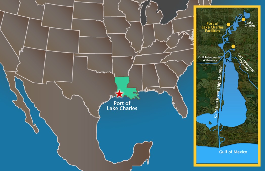 Location map of the Port of Lake Charles on the Gulf Coast in Lake Charles, Louisiana