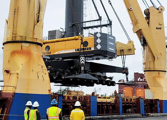 Offloading heavy lift crane cargo at the Port of Lake Charles in Louisiana