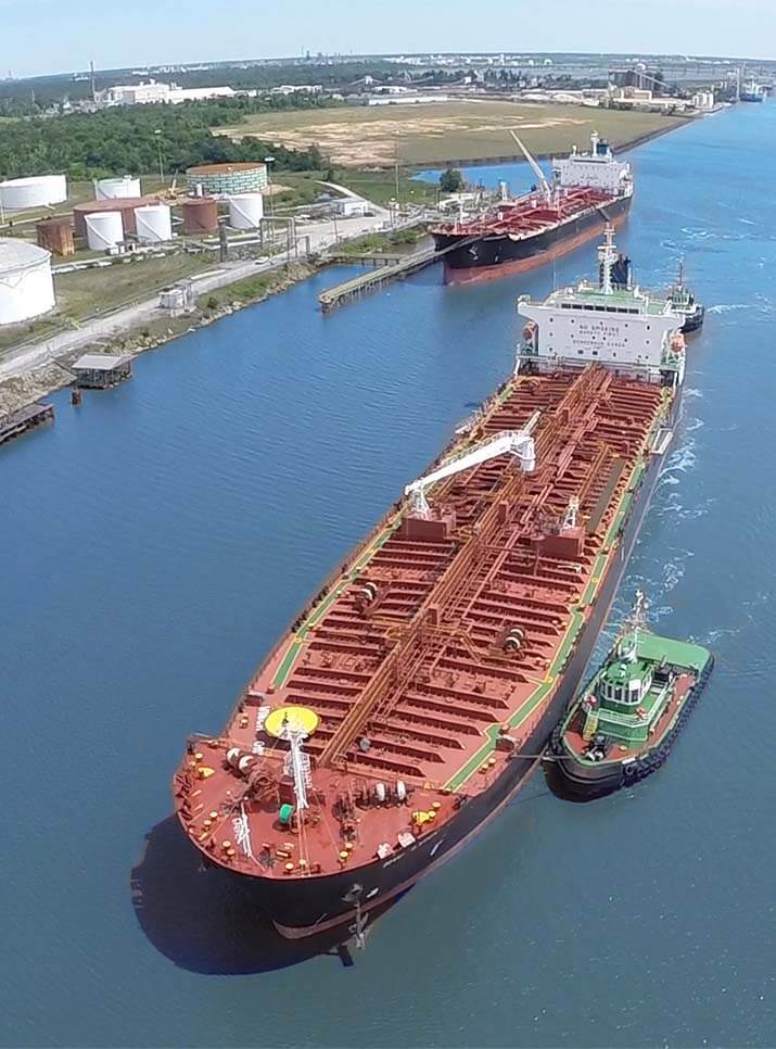 Cargo ship on Calcasieu Ship Channel in Louisiana