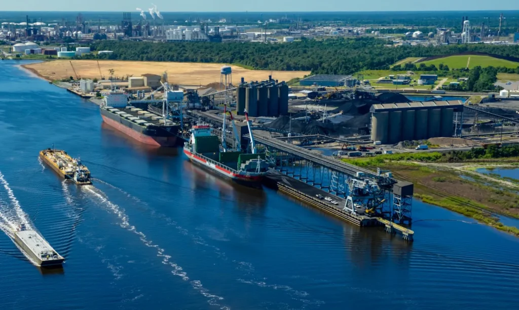 Photo of cargo ships in the Calcasieu Ship Channel at the Port of Lake Charles, Louisiana