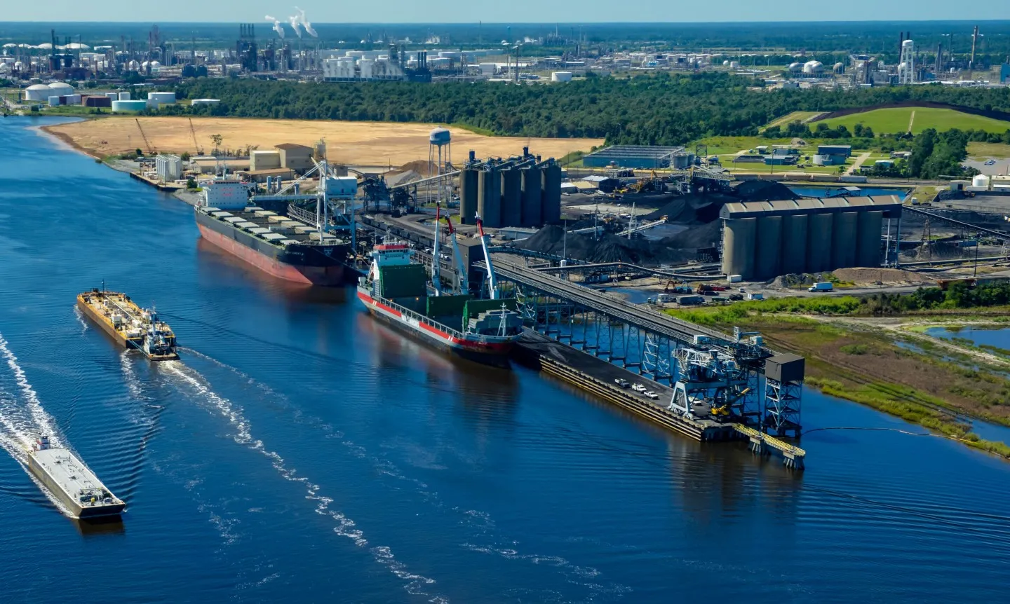 Photo of cargo ships in the Calcasieu Ship Channel at the Port of Lake Charles, Louisiana